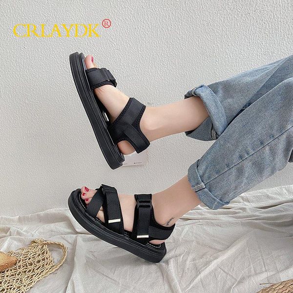 

women summer sandals strap buckle flats casual vacation walking slippers hook loop comfort beach shoes wide fit, Black