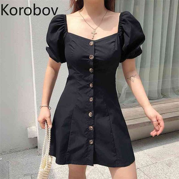 

korobov summer new arrival women dress fashion square collar puff sleeve vestidos femme vintage single breasted dresses 210430, Black;gray