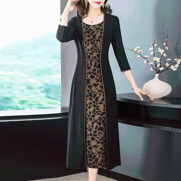 

casual dresses spring patchwork leopard print dress women -5xl plus size three quarter sleeve vintage fake two mom's vestidos, Black;gray