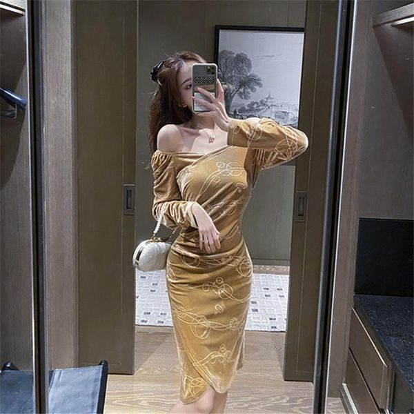 

casual dresses real s 2021 fashion temperament autumn and winter gold velvet strapless slim bag hip long-sleeved dress, Black;gray