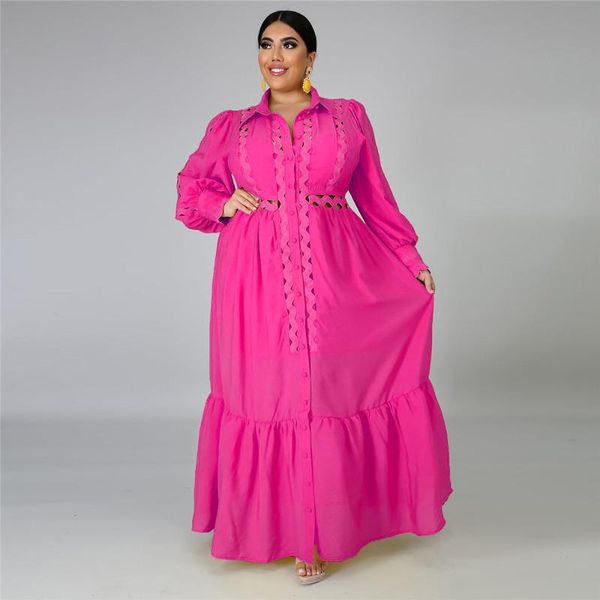 

casual dresses shirt dress solid hollow out single breasted maxi fashion autumn plus size for women, Black;gray