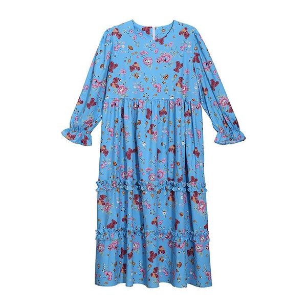 

casual dresses superaen plus size 2021 fall french floral print loose slim o-neck petal sleeve straight woman dress, Black;gray