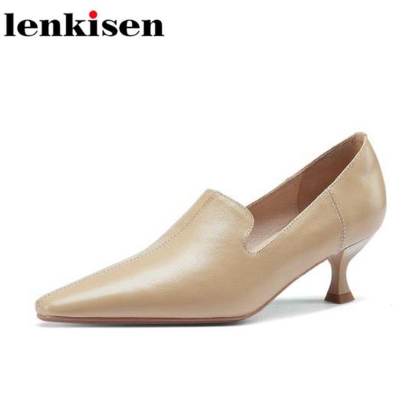 

dress shoes lenkisen genuine leather med heels office lady simple style dance party fashion slip on young solid basic women pumps l33, Black