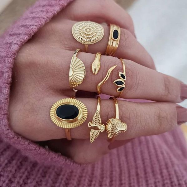 

8pcs/set vintage knuckle ring set for women crystal geometric finger gold rings fashion jewelry cluster, Golden;silver