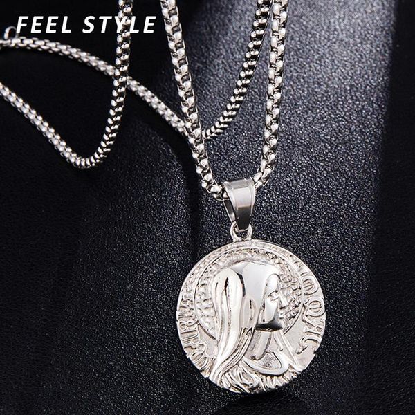 

pendant necklaces catholic jewelry for men 316l stainless steel virgin mary head necklace women religion collares, Silver