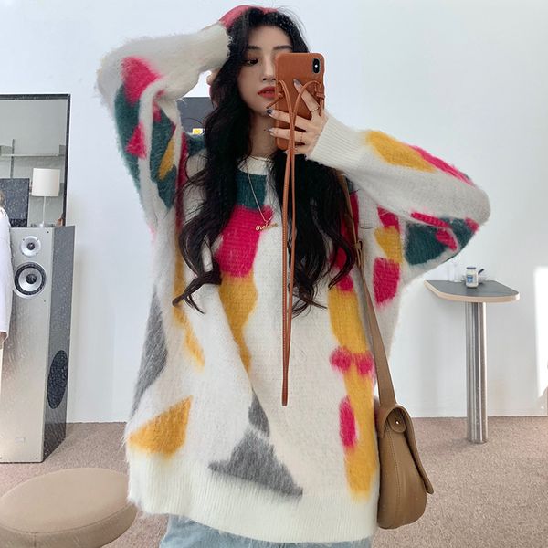 

2 colors 2021 autumn winter korean style color patchwork soft warm knitted sweaters womens vintage sweater and pullovers (c9922), White;black