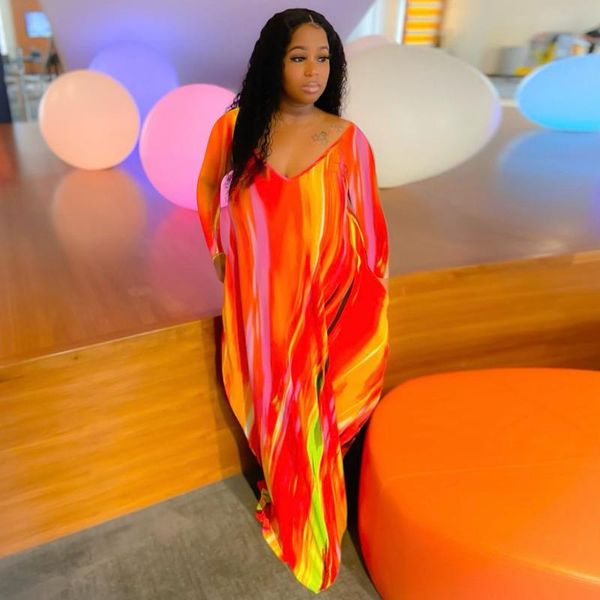 

casual dresses autumn long sleeve maxi dress for women v neck vestidos tie-dyeing print floor length loose with pockets, Black;gray