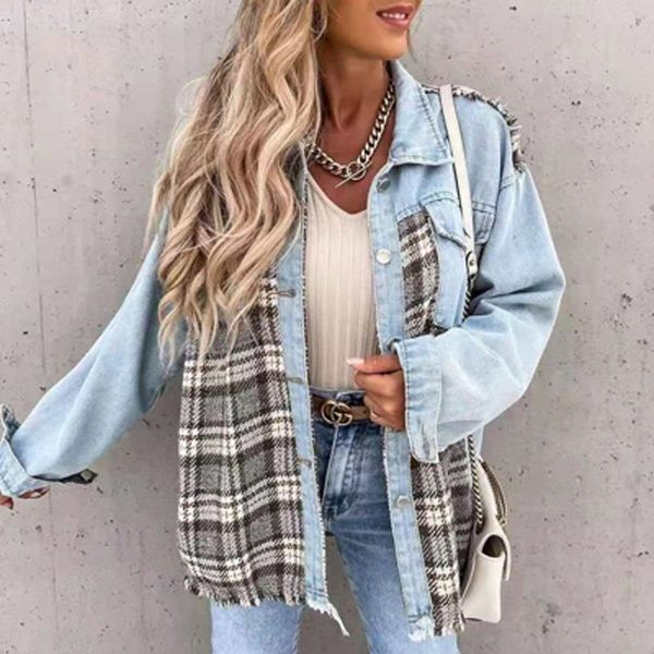 

women's jackets women turn-down collar button coat spring autumn irregular outwear mujer vintage fashion plaid print patchwork denim j, Black;brown