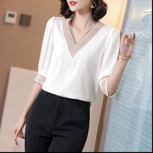 

korean womens shirts heavy silk women blouse shirt plus size white v neck blusas mujer de moda