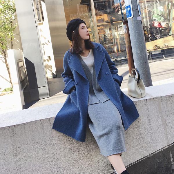 

women's wool & blends loose england style solid long women coat turn-down collar woolen jacket full sleeve and, Black