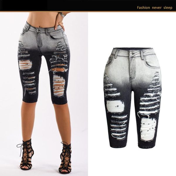 

women's jeans vintage knee length denim shorts for women casual tassel gray mid wasit korean loose straight ripped hole, Blue