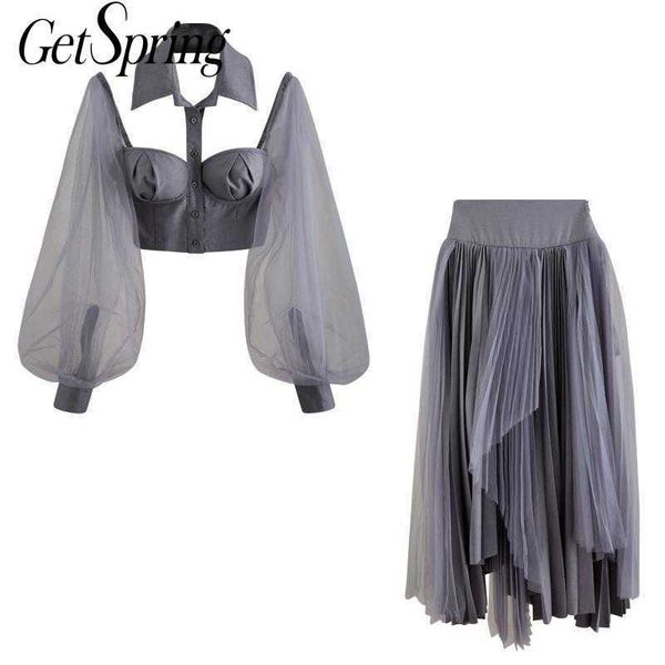 

getspring women set hollow out mesh spliced puff sleeve shirt irregular pleated skirt 2 piece fashion s 210601, White