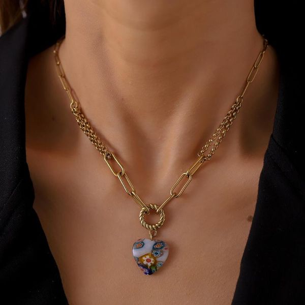 

pendant necklaces creative stainless steel heart glaze flower necklace sweet clavicle for women european and american trend, Silver