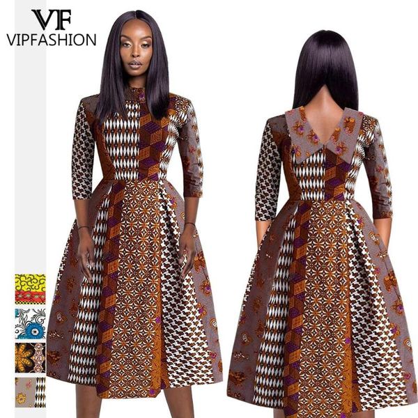 

digital printed african style dress women back v-neck zipper three-quarter sleeve mid-length casual dresses, Black;gray
