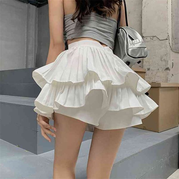 

summer pleated black shorts skirts women casual fashion sweet style high waist double layer ruffle female 210601