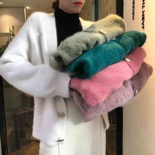 

women's jackets v-neck cardigan, imitation mink loose jacket, korean version, autumn and winter, 2021, Black;brown