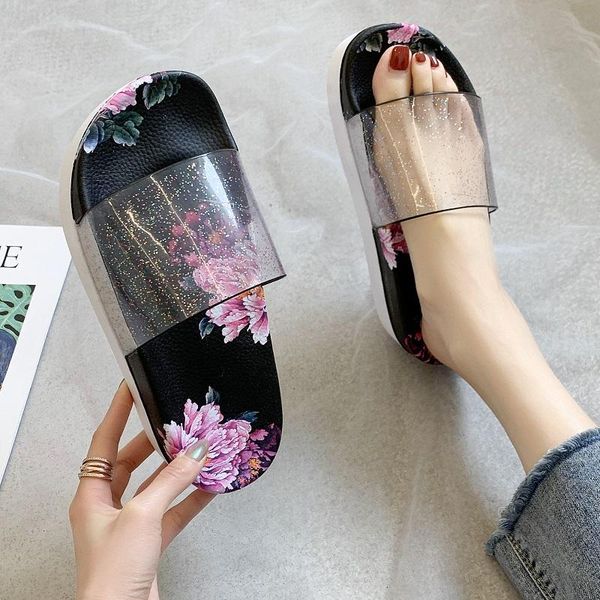 

slippers shoes woman 2021 rubber flower platform transparent heel med flat rome pvc fabric floral slides pu sl, Black
