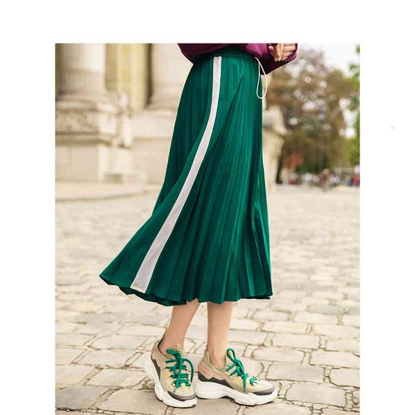 

skirt spring autumn high waist slim literary retro casual all-match women a-line pleated long skirt arux, Black