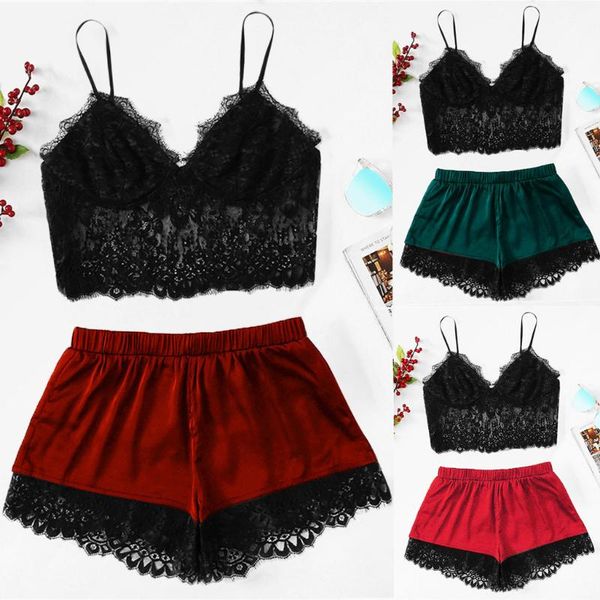 

bras sets womens plus size sling sleepwear lingerie lace patchwork nightwear underwear set ensemble femme fjsl, Red;black