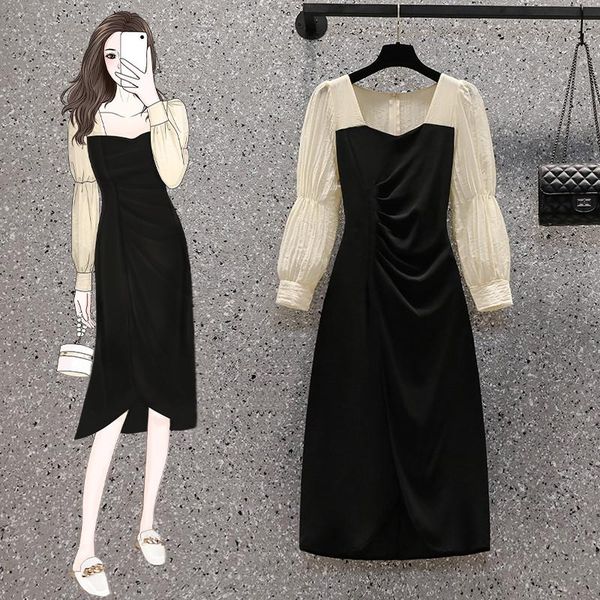 

casual dresses black stitch long sleeved midi plus large size oversize korean fashion kawaii women's elegant autumn 2021 clothing, Black;gray