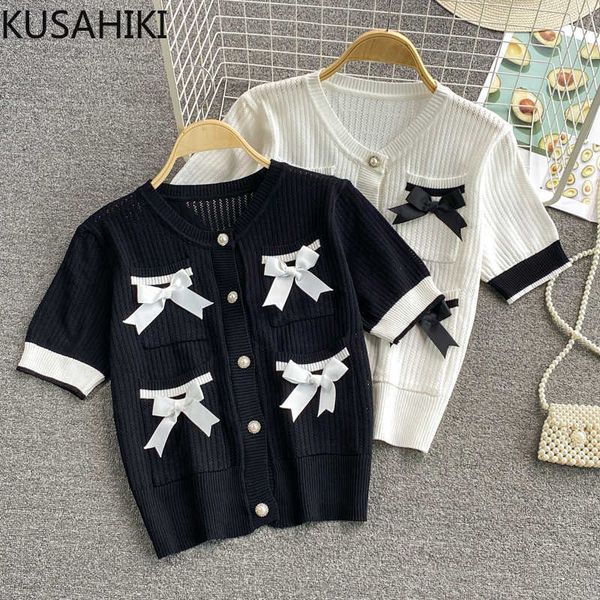 

kusahiki elegant v-neck knitted cardigan korean sweet bowknot pockets women knitwear fashion short sleeve slim thin 6j636 210602, White