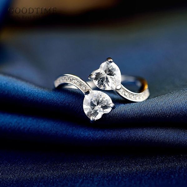 

cluster rings women pure 925 sterling silver ring double love heart zircon rhinestone wedding jewelry accessories for girl, Golden;silver