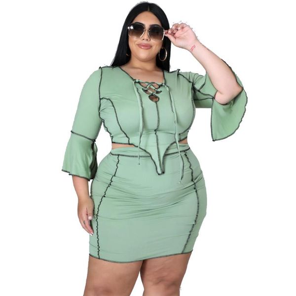 

plus size tracksuits women clothing 2 piece skirt sets for ribbing elastic waist above knee hight skirts wholesale drop, Black