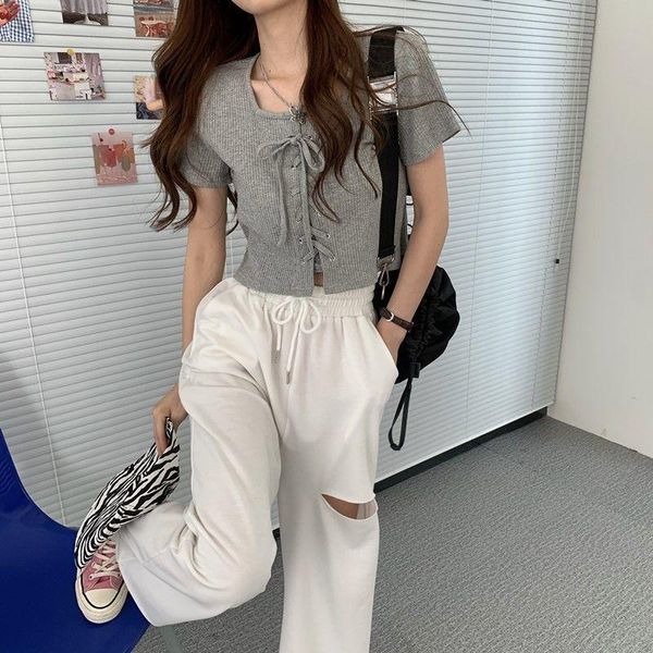 

short sleeve t-shirt women's 2021 summer versatile square collar bottom shirt with bandage open navel top, White