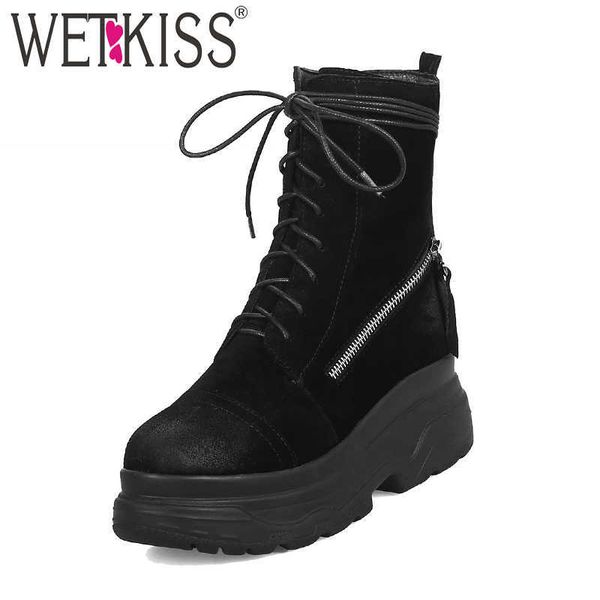 

wetkiss motorcycle women ankle boots cross tied round toe footwear cow suede female boot platform shoes woman winter 210630, Black