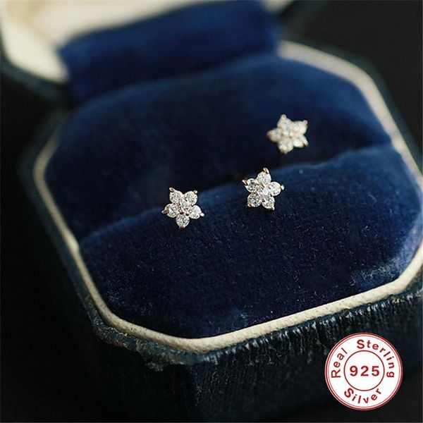 

stud mc s925 mini silver flower earrings for women small zircon 925 sterling plata piercing earring sweet lovly girly pendientes, Golden;silver