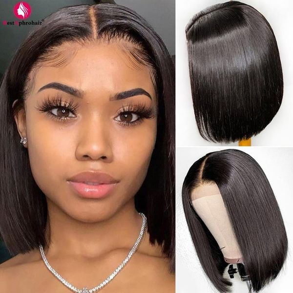 

short bob human hair wigs for black women preplucked and bleached knots lace wig brazilian bone straight 4*4 closure wig1, Black;brown