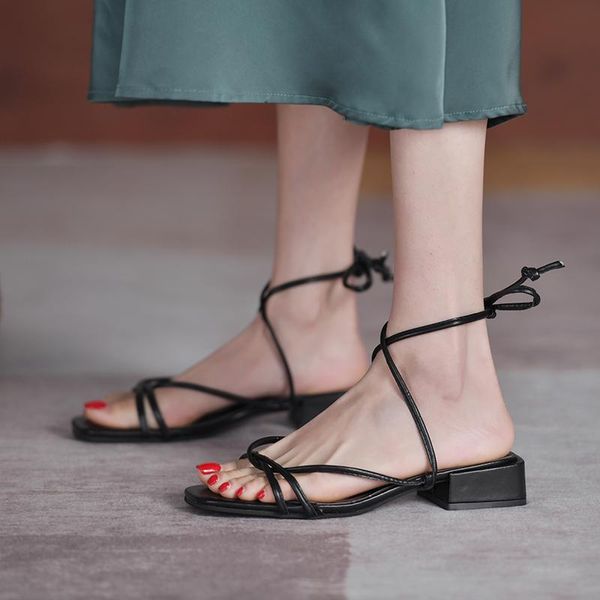 

sandals low woman leather clear heels shoes lady 2021 square toe all-match low-heeled open fashion girls summer block flat r, Black