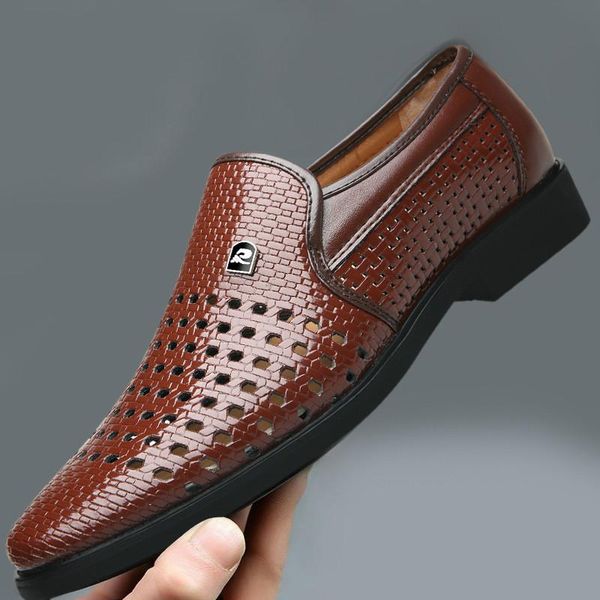 

sandals summer male genuine leather breathable for middle-aged mens hollow out business office shoes sandal, Black