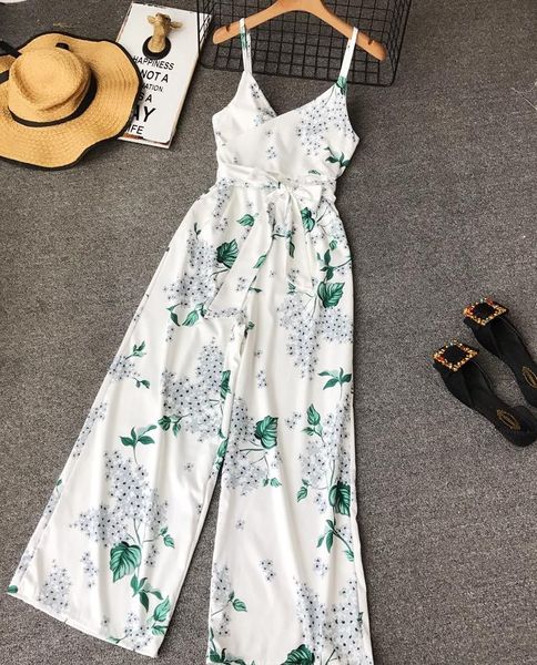 

women's jumpsuits & rompers ly varey lin summer spaghetti strap beach 2021 women floral print belt v-neck elegant wide leg loose trouse, Black;white