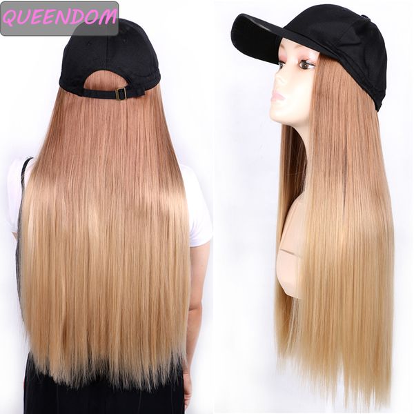 

long straight synthetic baseball cap hair wig natural brown blonde red gray wig 22 ombre naturally connect hat wig adjustable, Black
