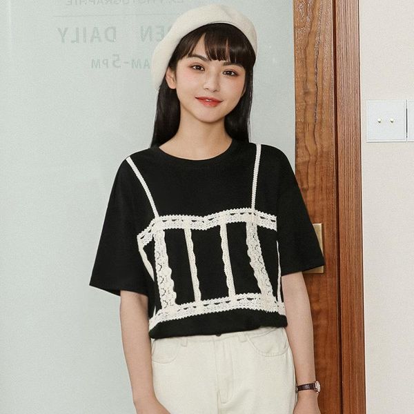 

women's t-shirt chic khaki 2021 summer patchwork lace edge short sleeve loose false two pieces student black shirt fashion, White