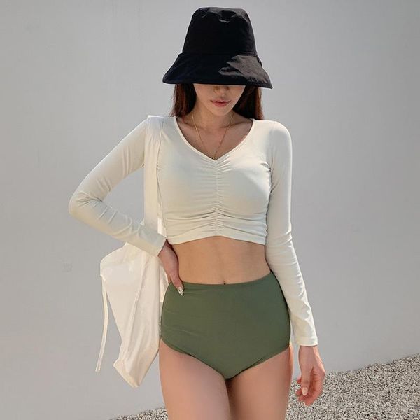 

one-piece suits 2021 high waist bikini women solid swimwear push up biquini pads swimsuit strap bikinis bathing three piece suit