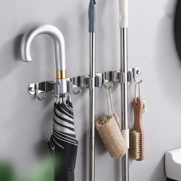

25@ 2021 stainless steel wall mounted heavy uty mop holder with 4 hooks(gray) 5ml kicthen utensils organizer hooks & rails
