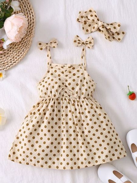 

baby polka dot ruched bow shoulder cami dress with headband she, Red;yellow
