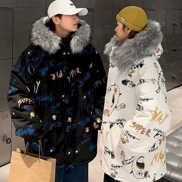 

cotton jacket women oversize loose winter korean couple cotton fur collar fashion 210526, Black