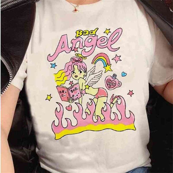 

bad angel t shirt punk gothic print slim white harajuku o neck short sleeve shirt 210512