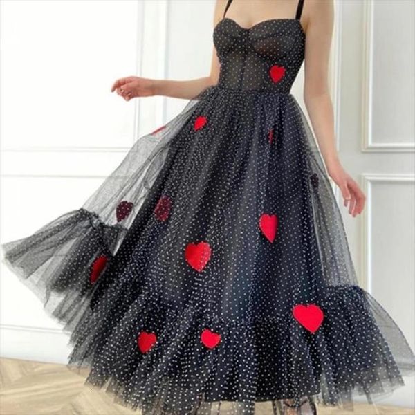 

summer strap shoulder dot womens dress tulle red heart mesh, Black;gray