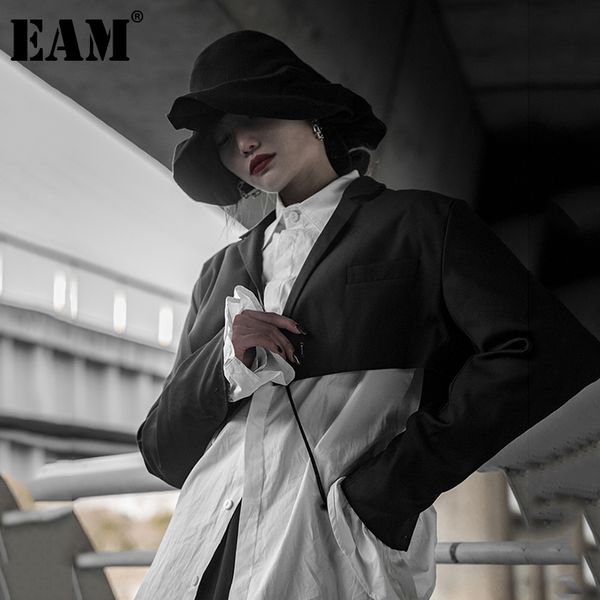 

[eam] women black short hollow out blazer lapel long sleeve loose fit jacket fashion spring autumn 1dd6203 21512, White;black