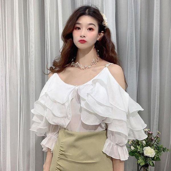 

women's blouses & shirts loose pullover shirt for women v neck short sleeve patchwork ruffles solid female fashion clothes 2021 style e, White