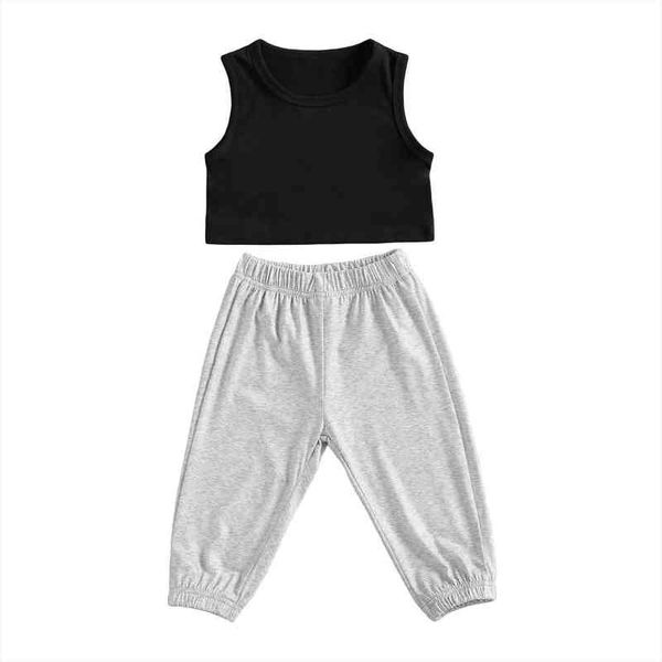 

summer kids baby girls fashion 2-piece outfit set black gray pants set sports clothes, White