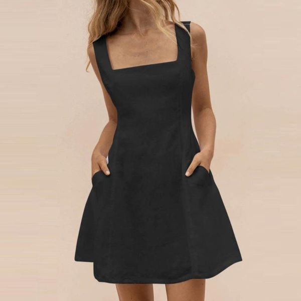 

womens dress casual loose solid color square collar pockets a-line dresses sundress elegant beach vestidos verano, Black;gray