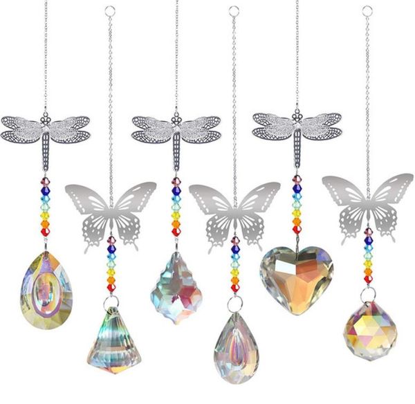 AB Color Crystal Sun Catcher Decorazione da giardino Finestra Farfalla Libellula Appeso Prisma Arcobaleno Creatore Ciondolo per lampadario con ciondoli di perline