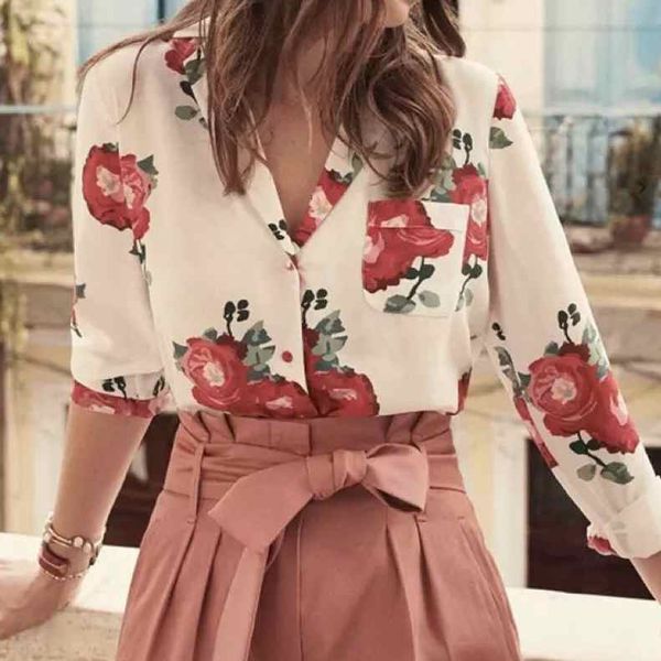 

shirt 100% silk rose flower print suit collar long sleeve women q8b8, White