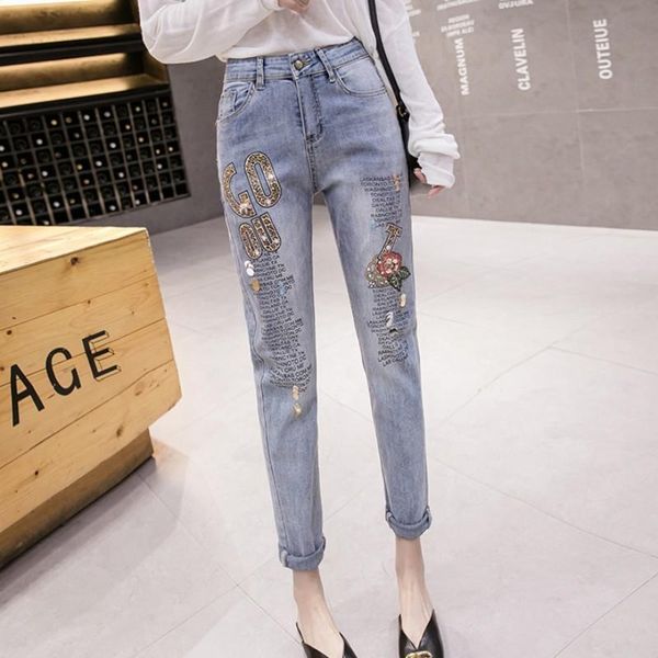 

women's jeans boyfriend 2021 spring summer plus size cotton female women girls elastic skinny high waist pencil pants clothes, Blue