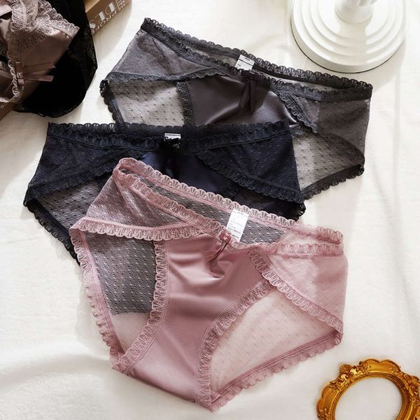 

traceless satin lace cotton crotch mid low waist breathable briefs, Black;pink